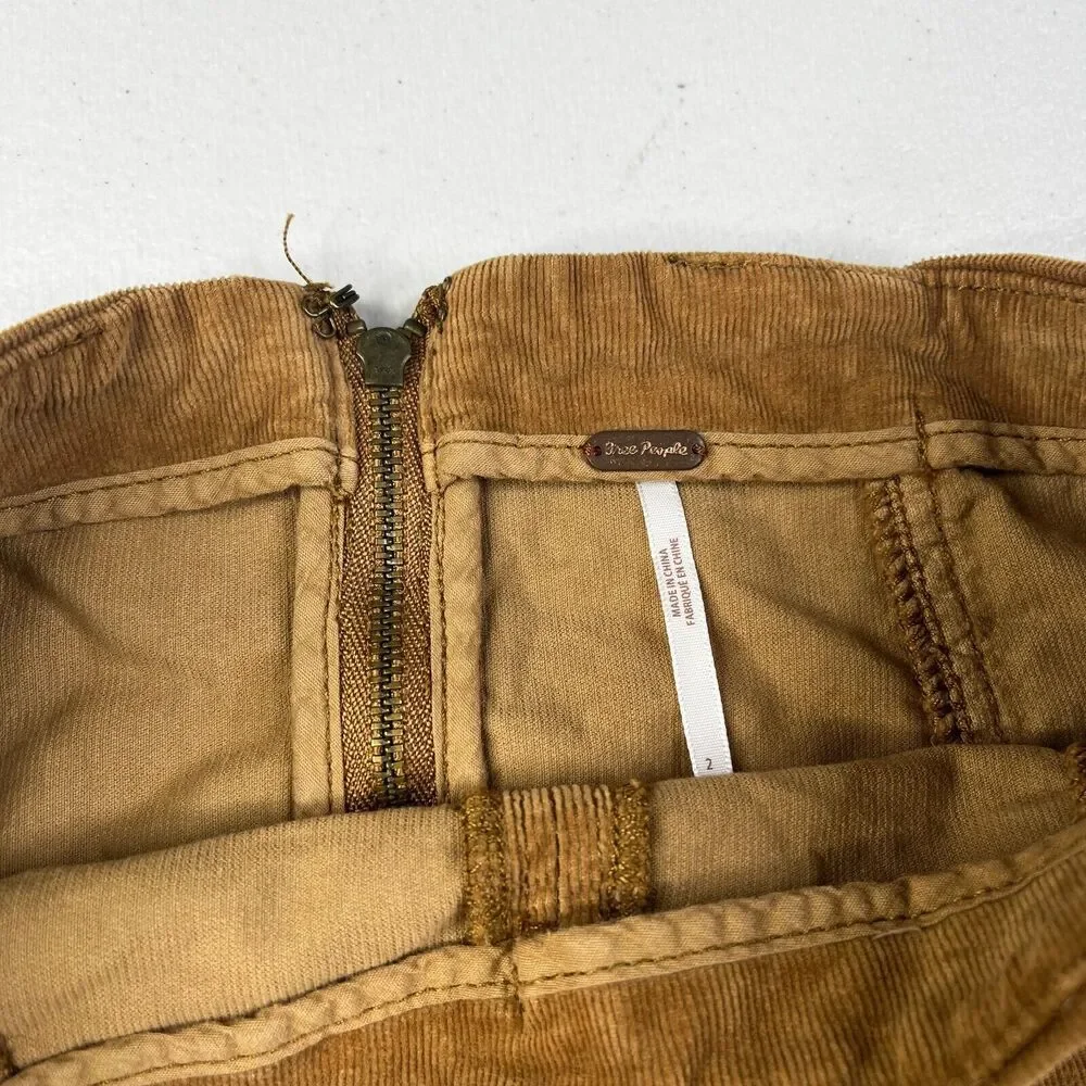 Free People Corduroy Mini Skirt Womens 2 Brown Khaki Side Zipper Cord Stretch